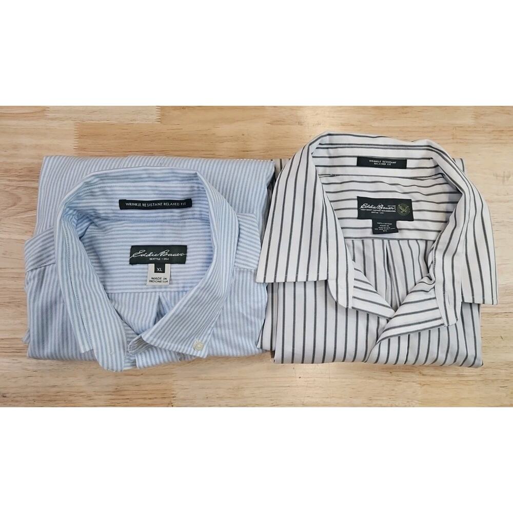 Lot Of 2 Eddie Bauer Men XL Wrinkle Resistant Relaxed Fit Longsleeve Dress Shirt